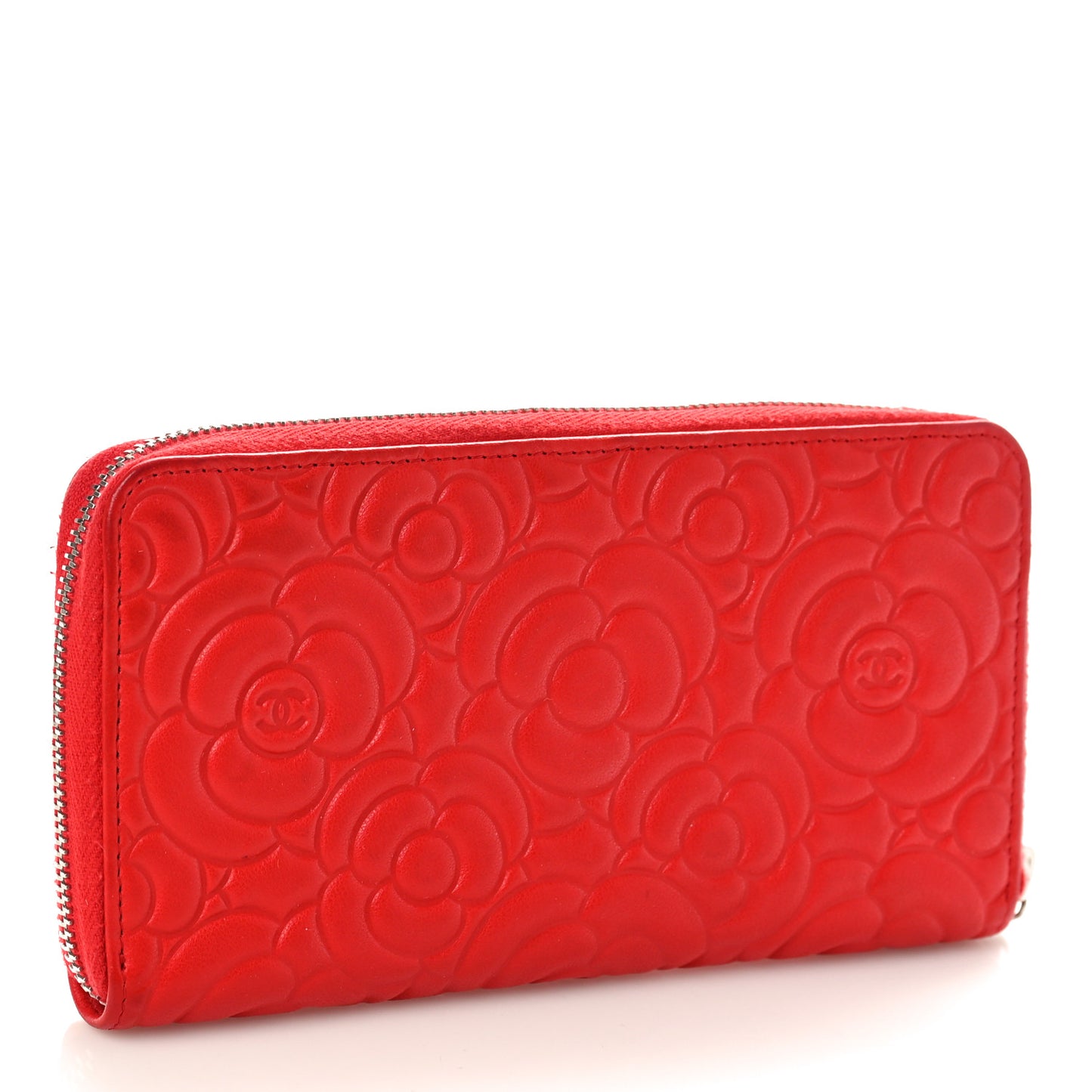 Lambskin Camellia Embossed Large Zip Around Gusset Wallet Red