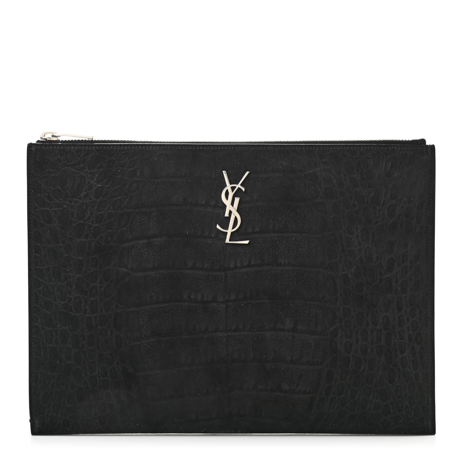 Saint Laurent Calfskin Crocodile Embossed Tablet Pouch Black 1 of 9
