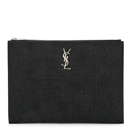 Saint Laurent Calfskin Crocodile Embossed Tablet Pouch Black 1 of 9