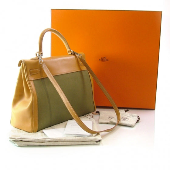 Hermes Barenia Toile Kelly 35 Handbag Khaki 3 of 12