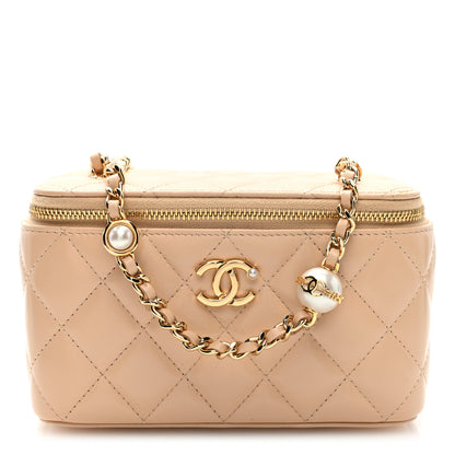 Chanel Shiny Lambskin Pearl Quilted Small Vanity Case With Chain Beige 1 of 12