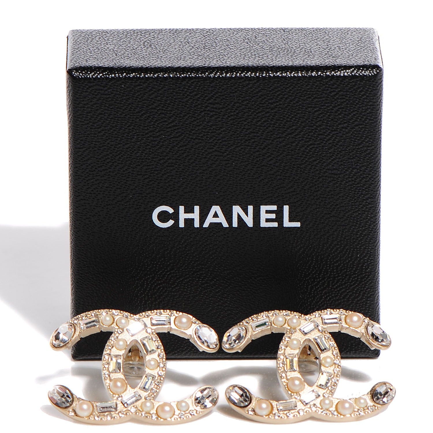 Chanel Pearl Crystal Baguette CC Earrings Gold 4 of 5