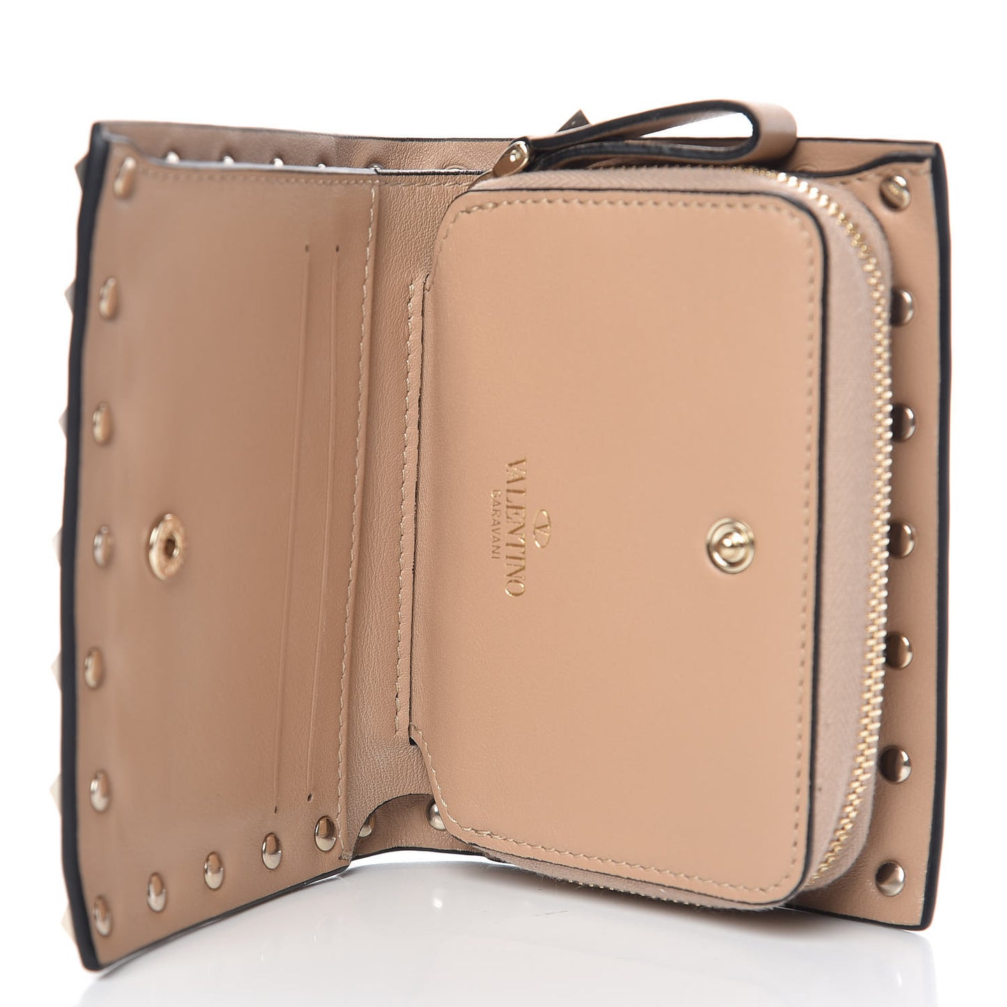 Calfskin Rockstud Compact Bi-Fold Wallet Camel Rose