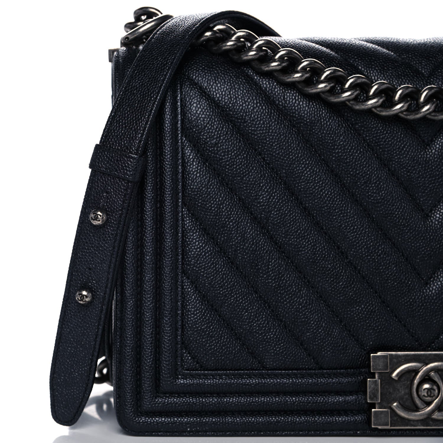 Chanel Caviar Chevron Quilted New Medium Boy Flap Dark Navy Blue 10 of 14