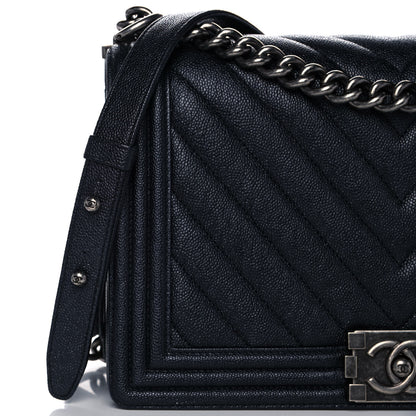 Chanel Caviar Chevron Quilted New Medium Boy Flap Dark Navy Blue 10 of 14