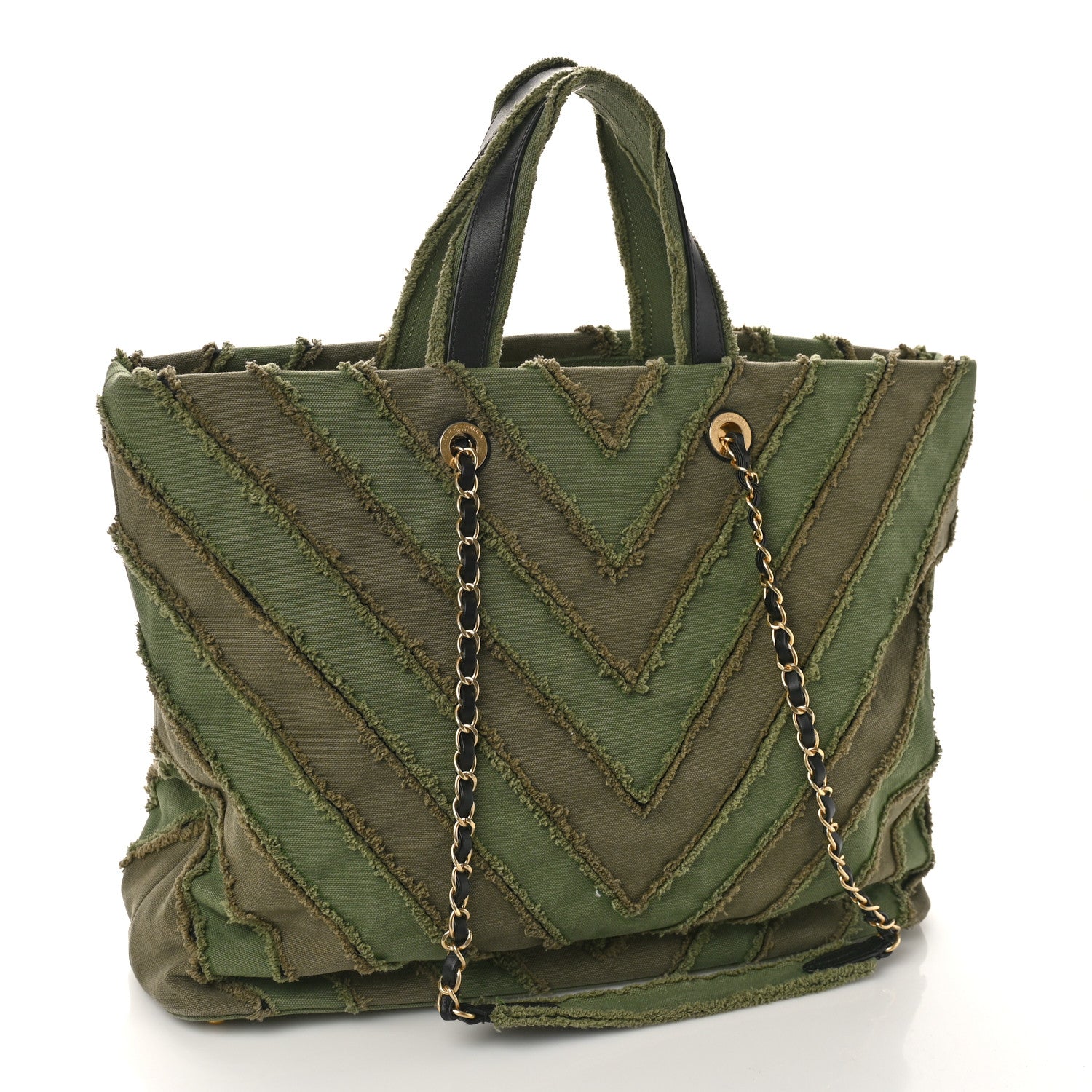 Chanel Canvas Chevron Cuba Patchwork Shopper Tote Khaki 2 of 9