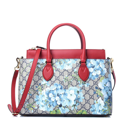 Gucci GG Supreme Monogram Blooms Medium Zip Top Tote Beige Blue Navy Hibiscus Red 1 of 11