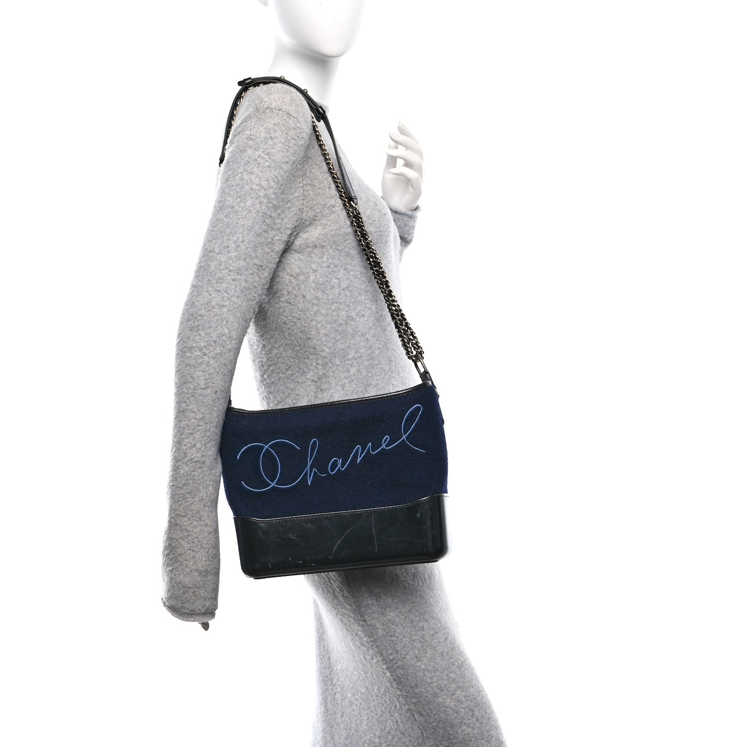 Chanel Calfskin Wool Embroidered Paris Hamburg Small Gabrielle Hobo Dark Navy Blue 2 of 11