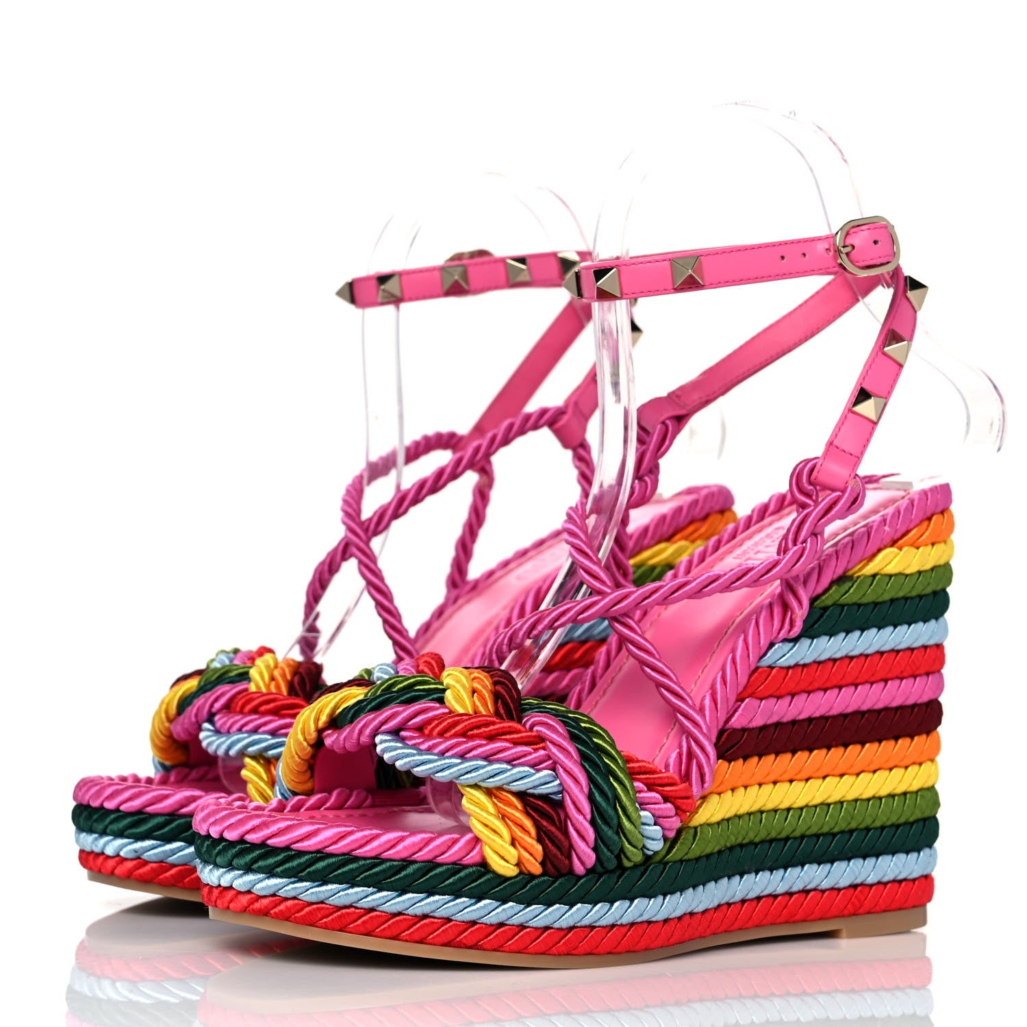 Valentino Garavani Calfskin Rockstud Ankle Strap Torchon Espadrille 25/115mm Wedge Sandals 37 Feminine Pink Multicolor 3 of 8