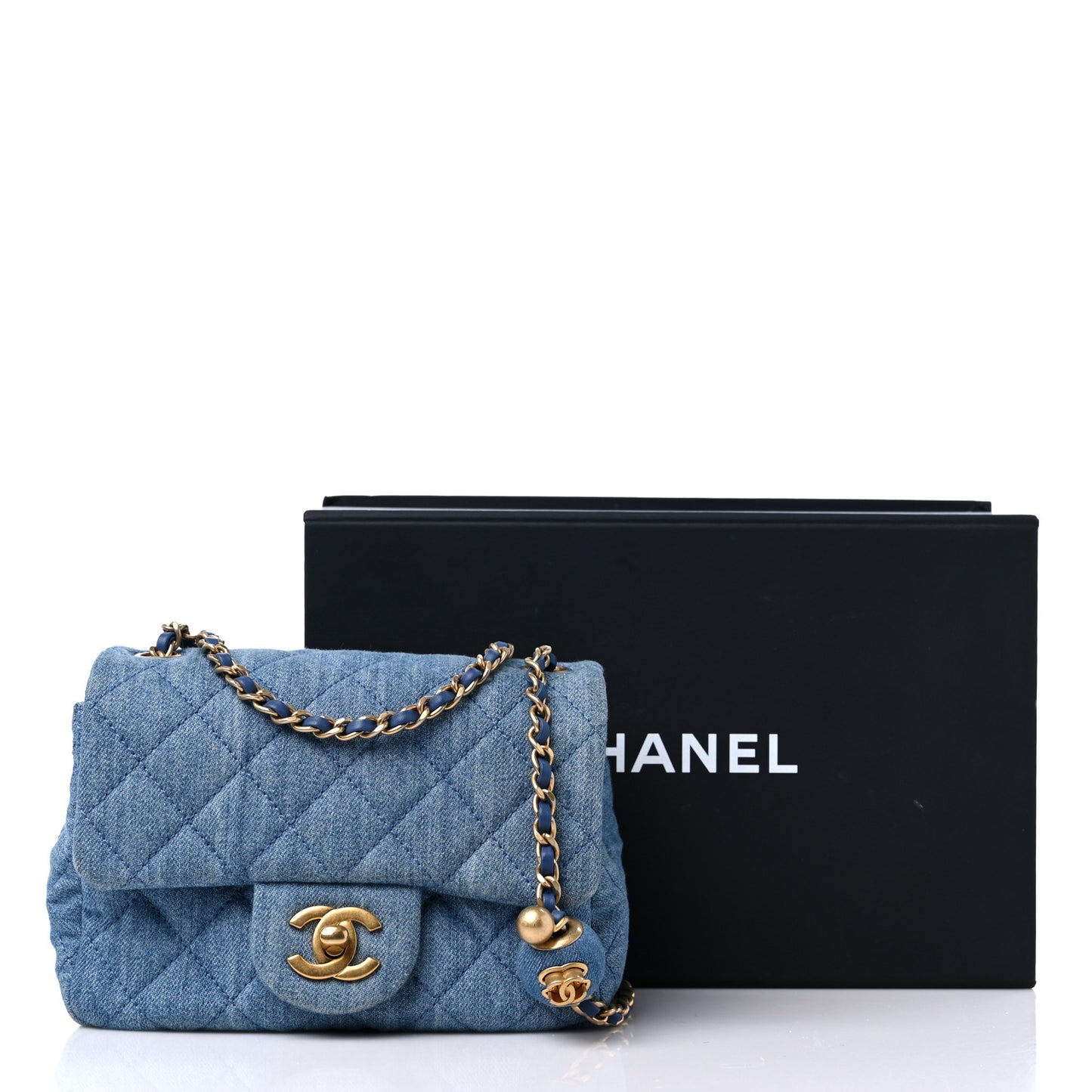 Denim Quilted Mini Pearl Crush Flap Blue