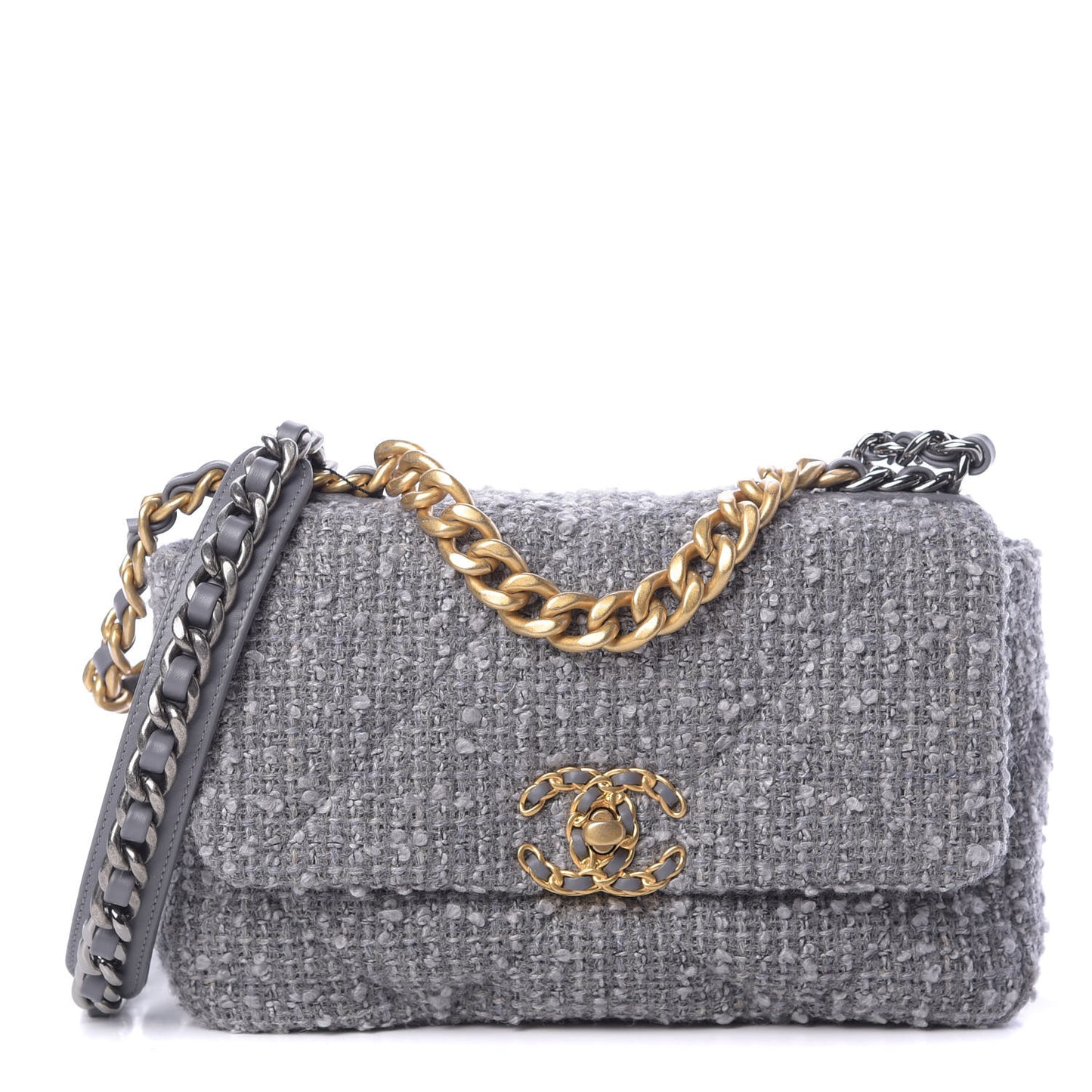 Tweed Quilted Medium Chanel 19 Flap Grey