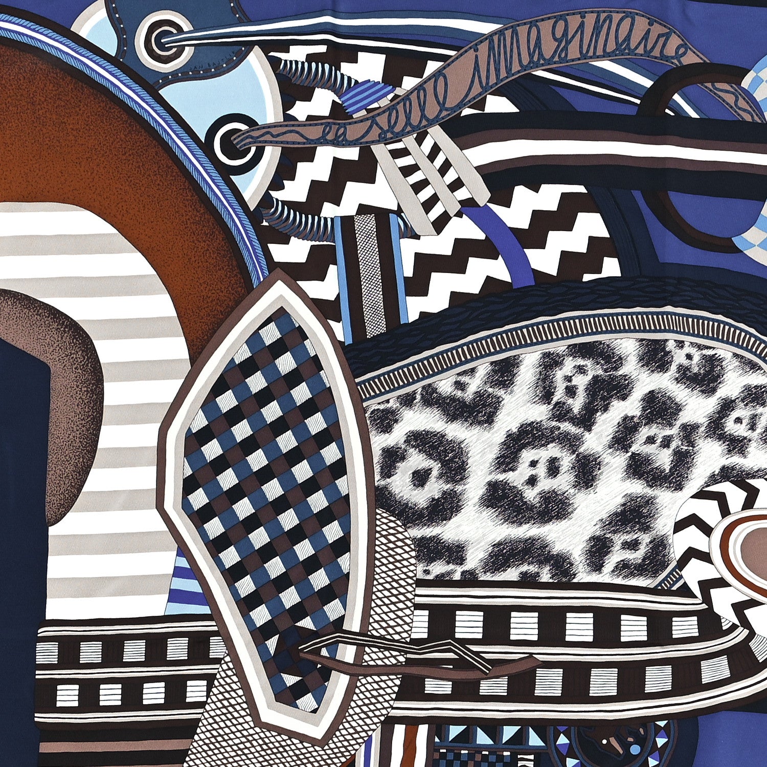 Hermes Silk La Selle Imaginaire Scarf 90 Marron Glace Bleu Vif Brun 2 of 3