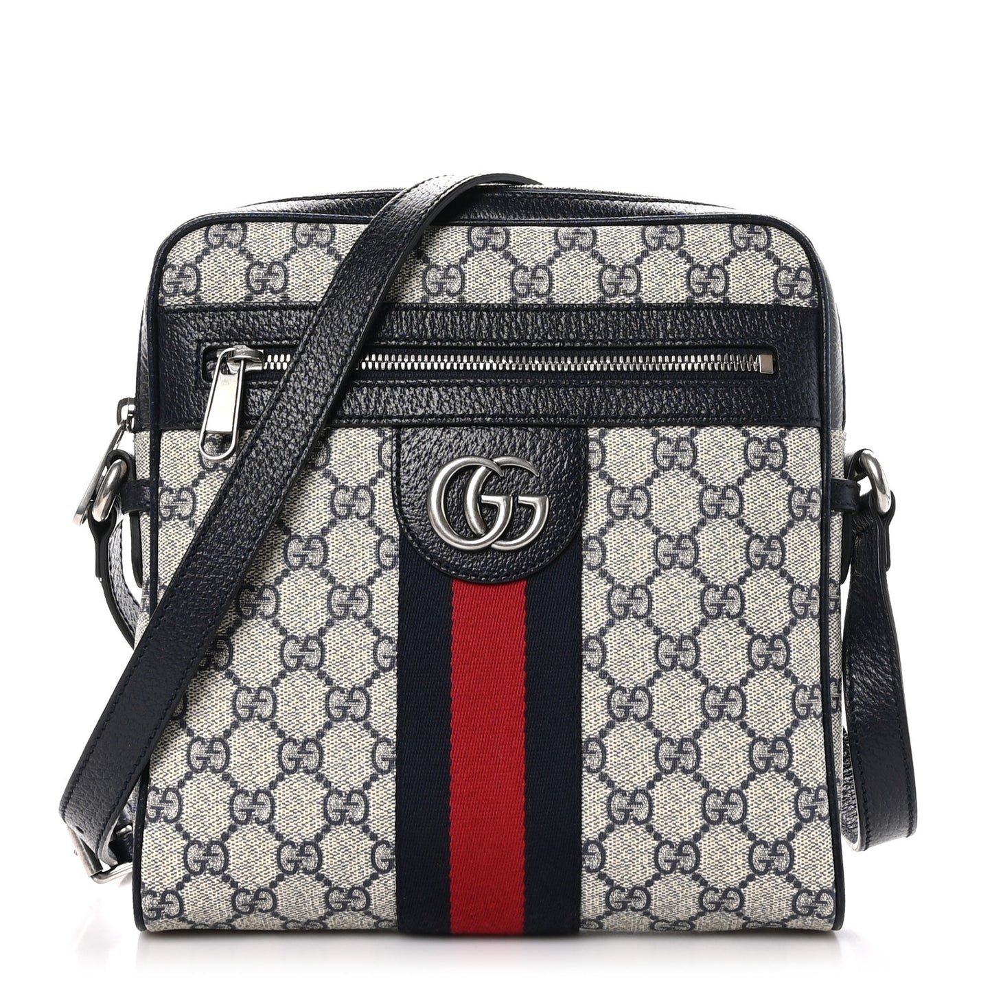GG Supreme Monogram Textured Dollar Calfskin Web Small Ophidia Messenger Bag Beige Blue