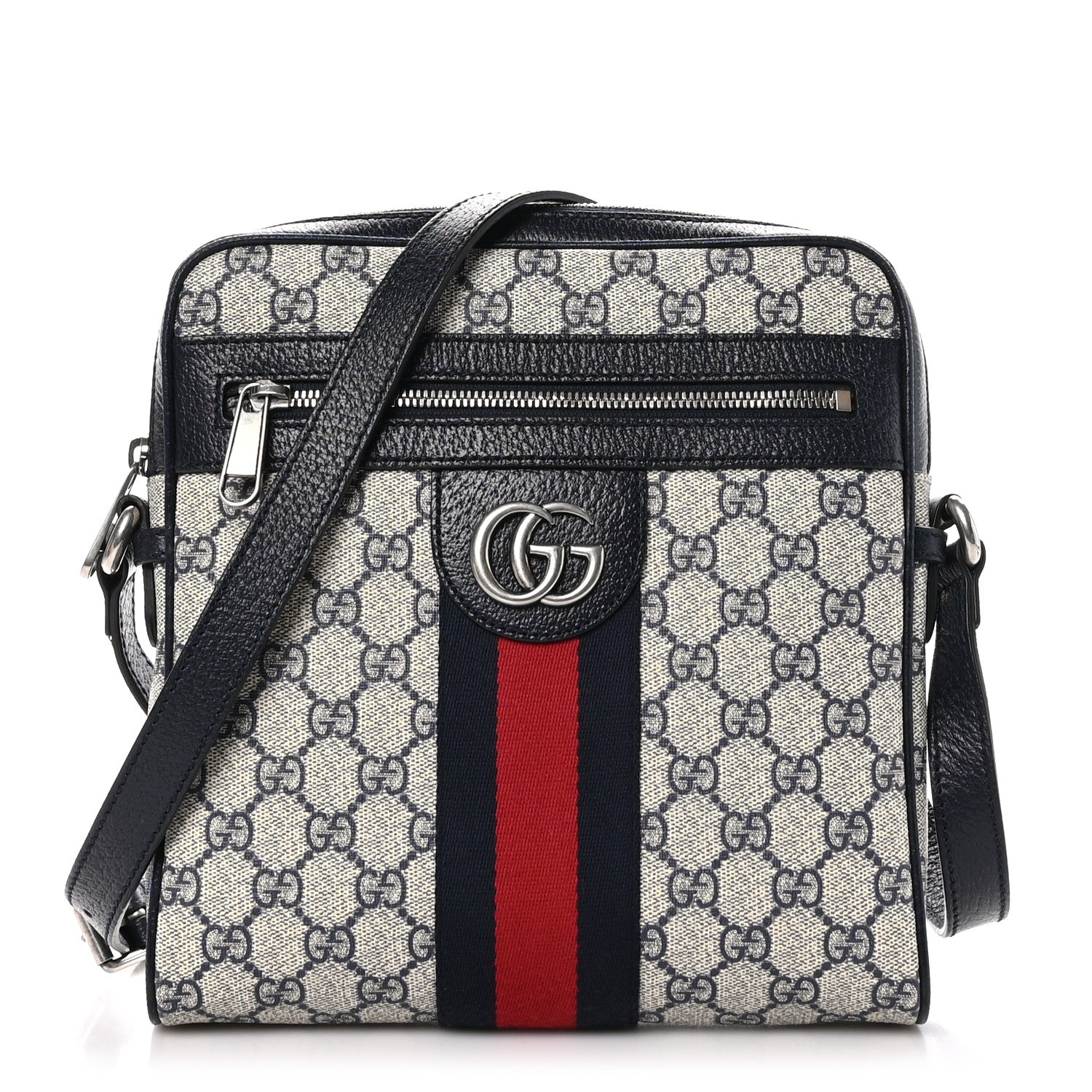 Gucci GG Supreme Monogram Textured Dollar Calfskin Web Small Ophidia Messenger Bag Beige Blue 1 of 9