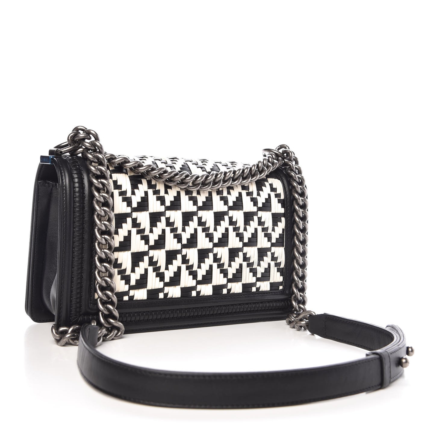 Calfskin Woven Medium Boy Flap Black White