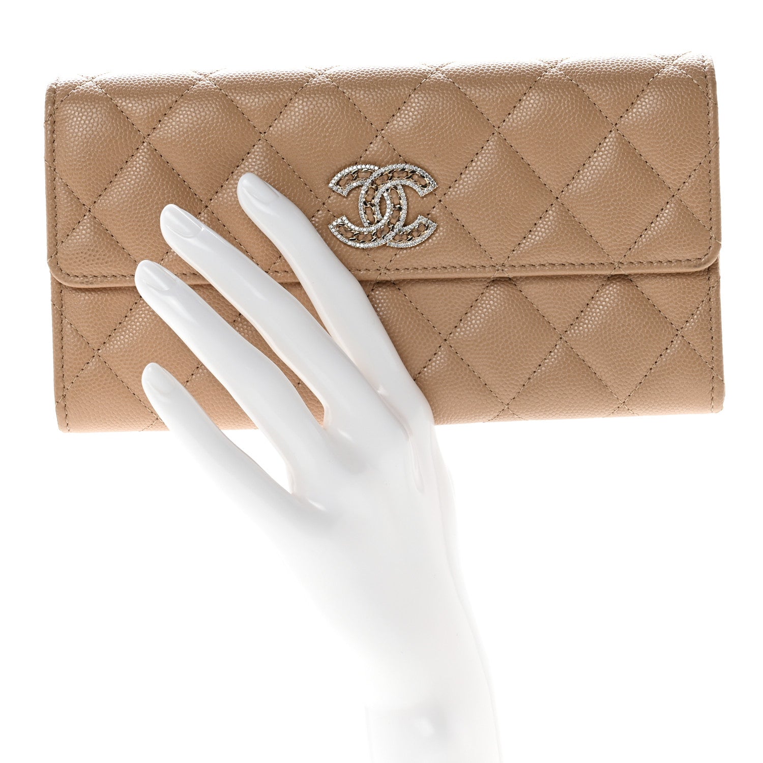 Chanel Caviar Quilted Crystal CC Large Gusset Flap Wallet Beige 3 of 9