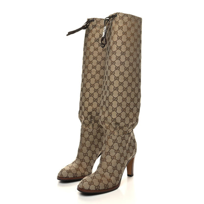 Gucci Monogram Malaga Kid Lisa Mid Heel Boots 38.5 Beige Ebony 3 of 7