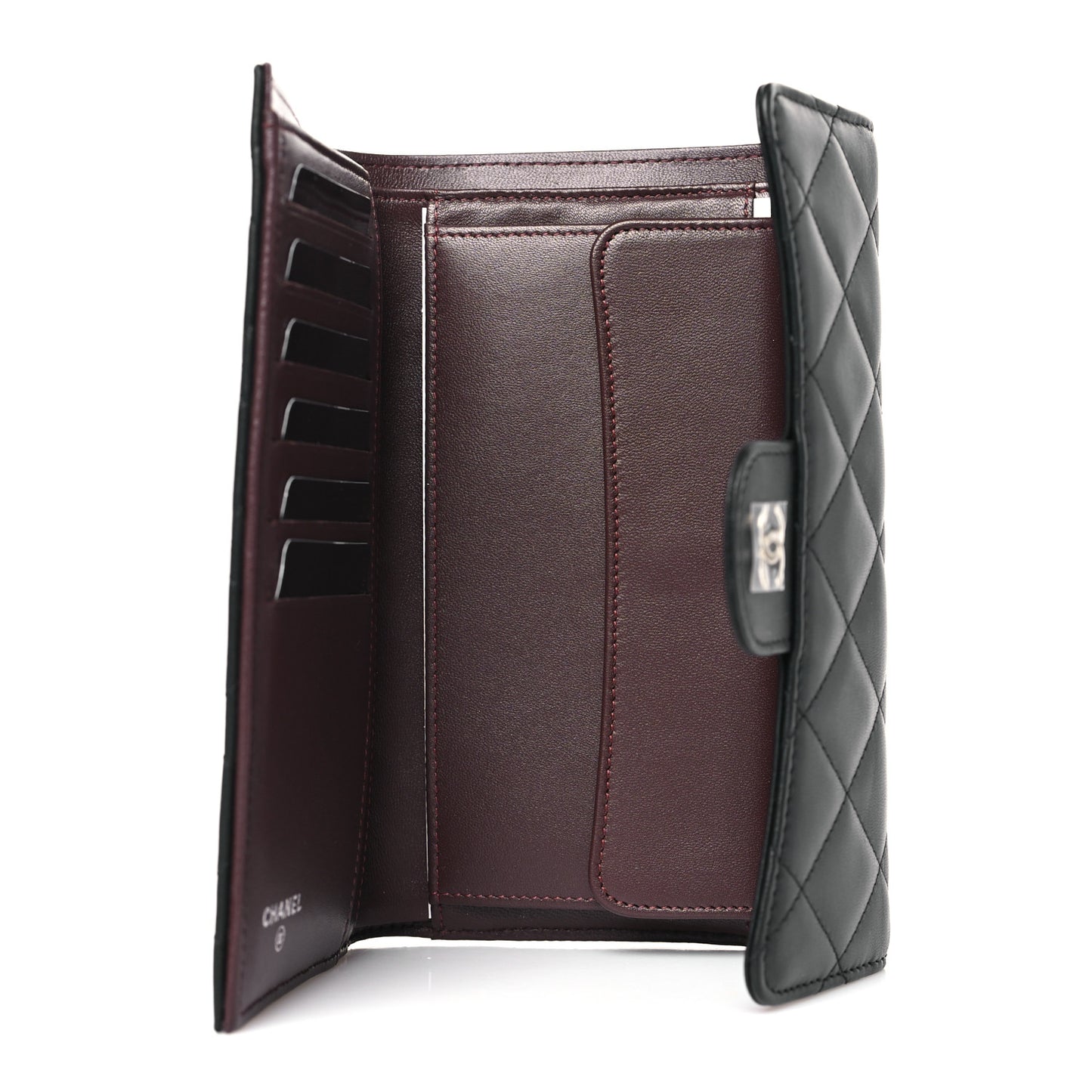 Lambskin Quilted Large Gusset Flap Wallet Black