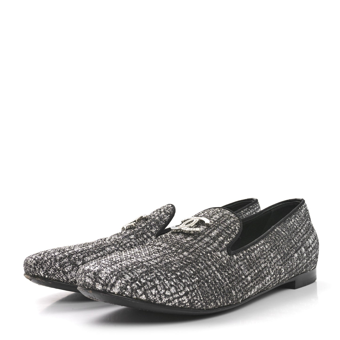 Fantasy Fabric Grosgrain CC Mocassin Loafers 37.5 Silver Black