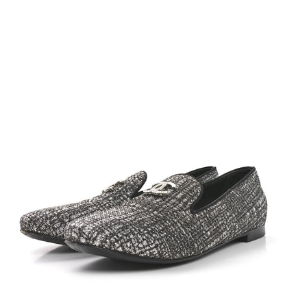 Chanel Fantasy Fabric Grosgrain CC Mocassin Loafers 37.5 Silver Black 4 of 9