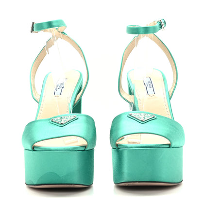 Prada Satin Metal Triangle Logo Ankle Strap 40/135mm Platform Sandals 38.5 Assenzio 2 of 7