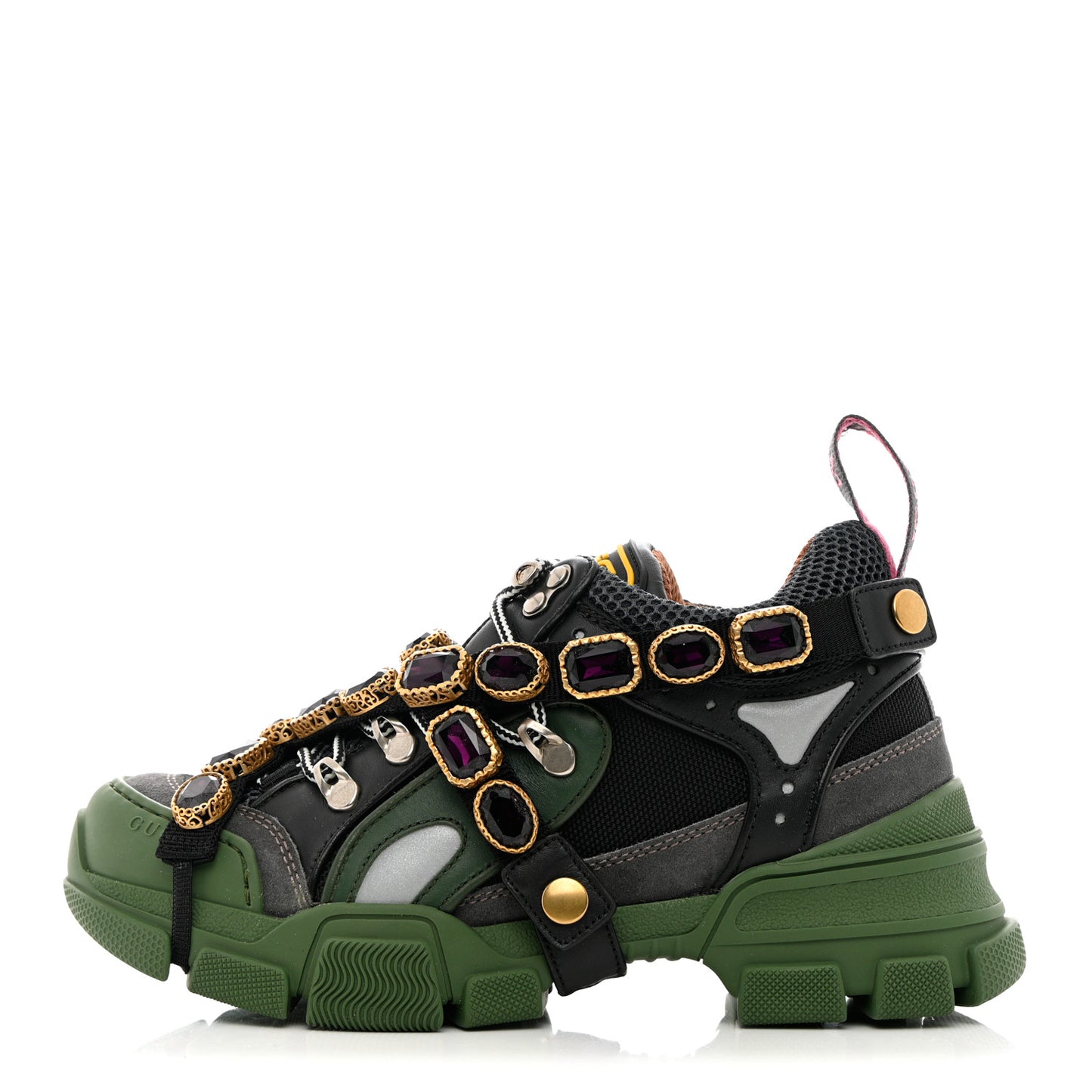 X SEGA Mesh Suede Calfskin Removable Crystals Flashtrek Sneakers 36 Loess Black Olive Green