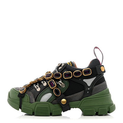 Gucci X SEGA Mesh Suede Calfskin Removable Crystals Flashtrek Sneakers 36 Loess Black Olive Green 1 of 8
