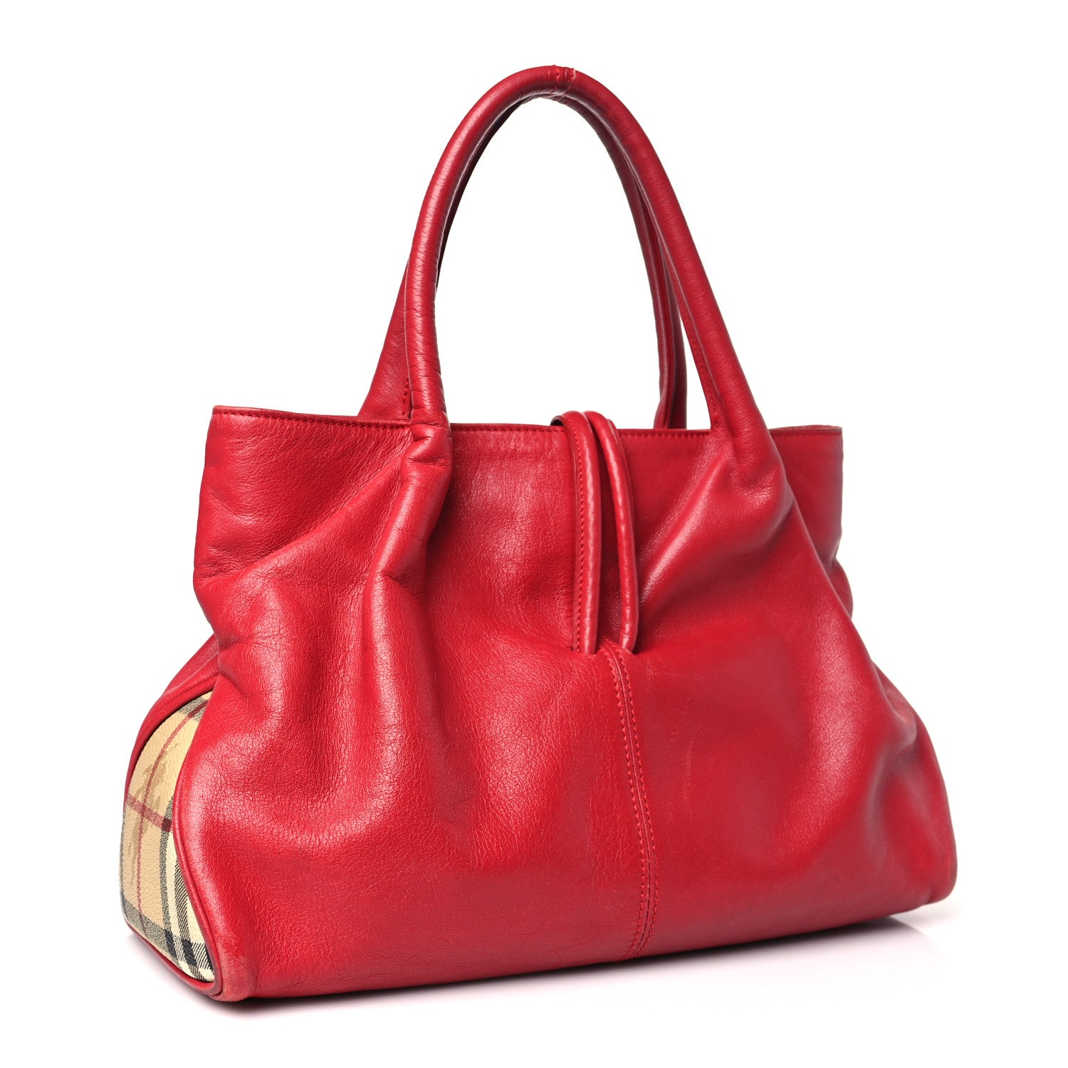 Burberry Grainy Calfskin House Check Horn Toggle Tote Red 3 of 15