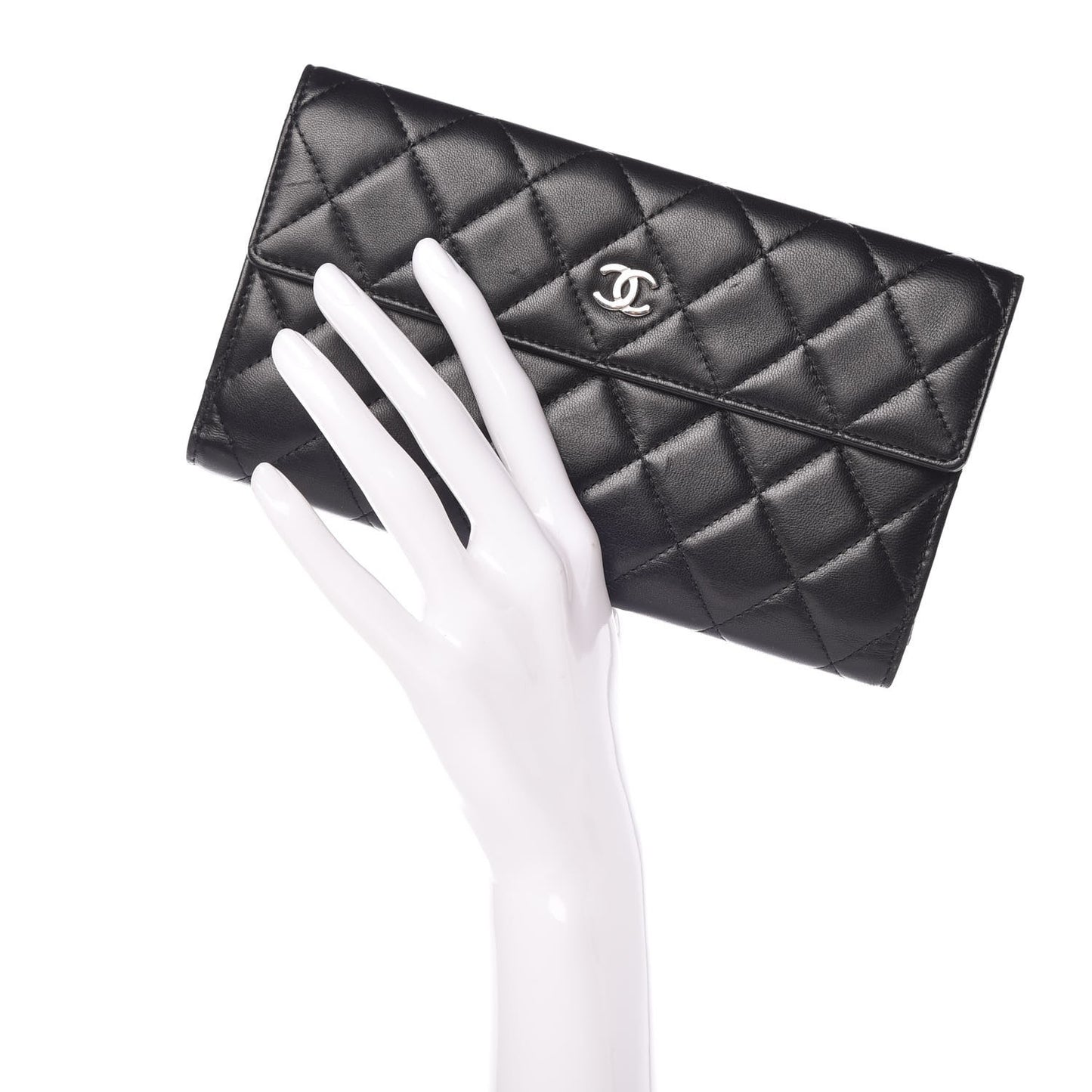 Lambskin Quilted Long Flap Wallet Black