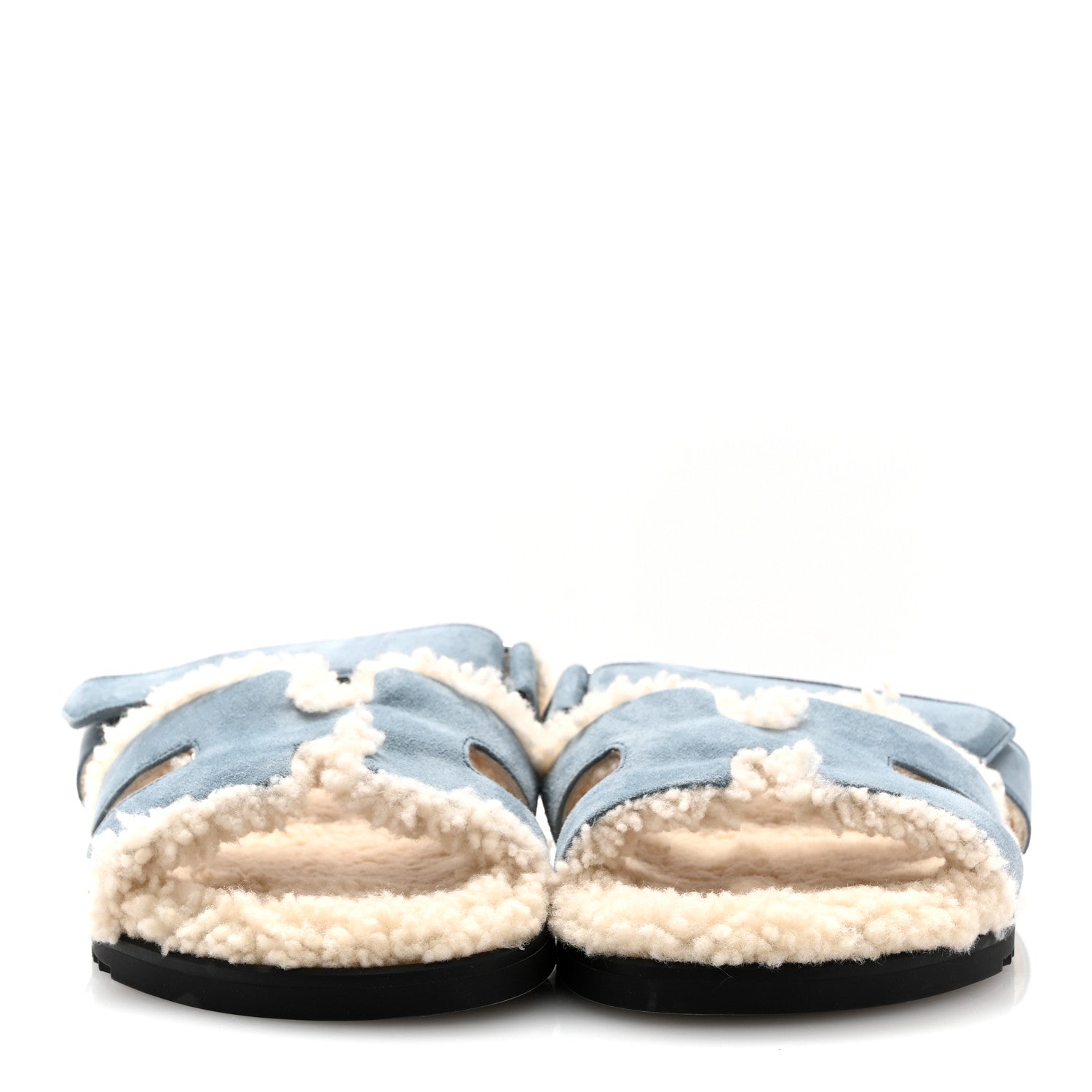 Hermes Suede Goatskin Woolskin Womens Chypre Sandals 40 Bleu Pinede Ecru 3 of 8