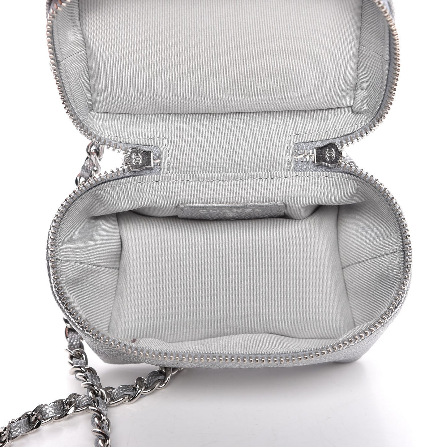 Metallic Caviar Quilted Mini Top Handle Vanity With Chain Silver