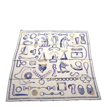 Hermes Cashmere Silk Inventaire Poetique Pour Un Conte Shawl 140 White Blue Vert Naturel Indigo Violet 1 of 5