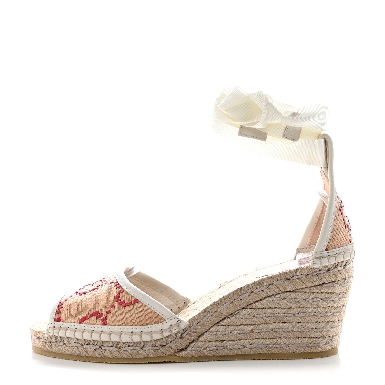 Gucci GG Raffia Monogram Ankle Wrap Platform Espadrille Wedge Sandals 37 Beige 1 of 8