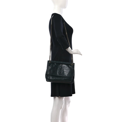 Saint Laurent Calfskin Crocodile Embossed Monogram Medium Niki Chain Satchel Algea 2 of 8