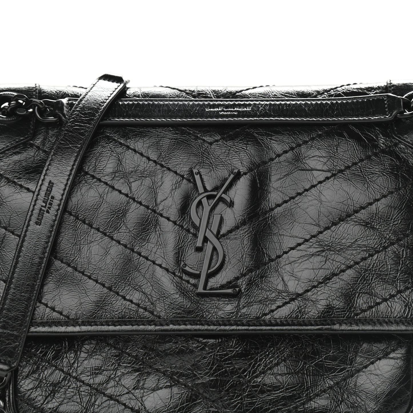 Crinkled Calfskin Matelasse Monogram Medium Niki Chain Satchel Black
