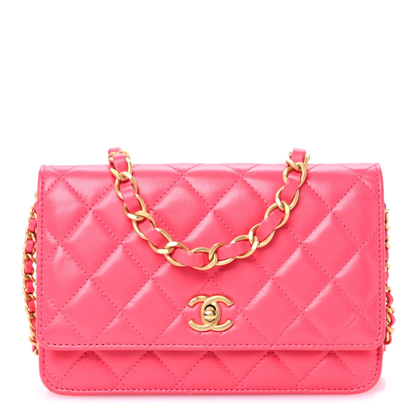 Lambskin Enamel Quilted CC Wallet on Chain WOC Pink