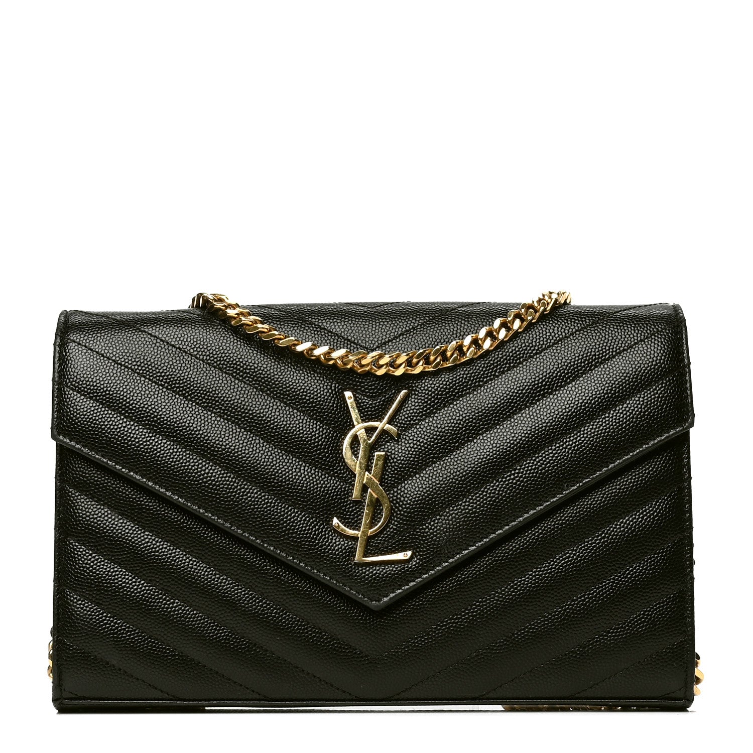 Saint Laurent Grain De Poudre Matelasse Chevron Monogram Chain Wallet Black 1 of 6