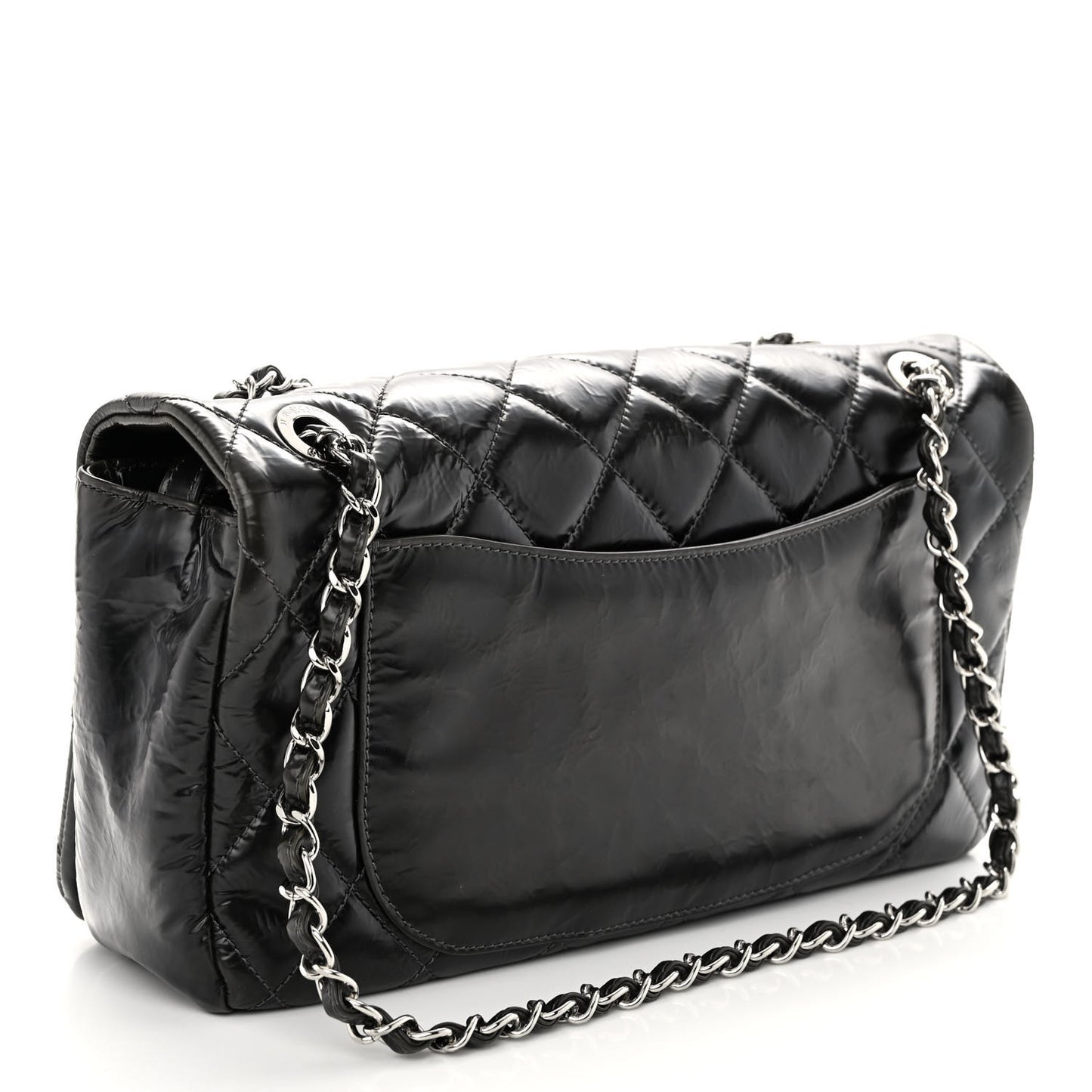 Glazed Calfskin Quilted CC Single Flap Black
