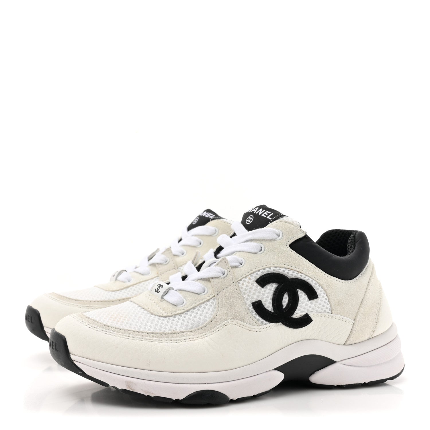 Chanel Mesh Suede Calfskin Grained Calfskin Womens CC Sneakers 37 White Black 3 of 11