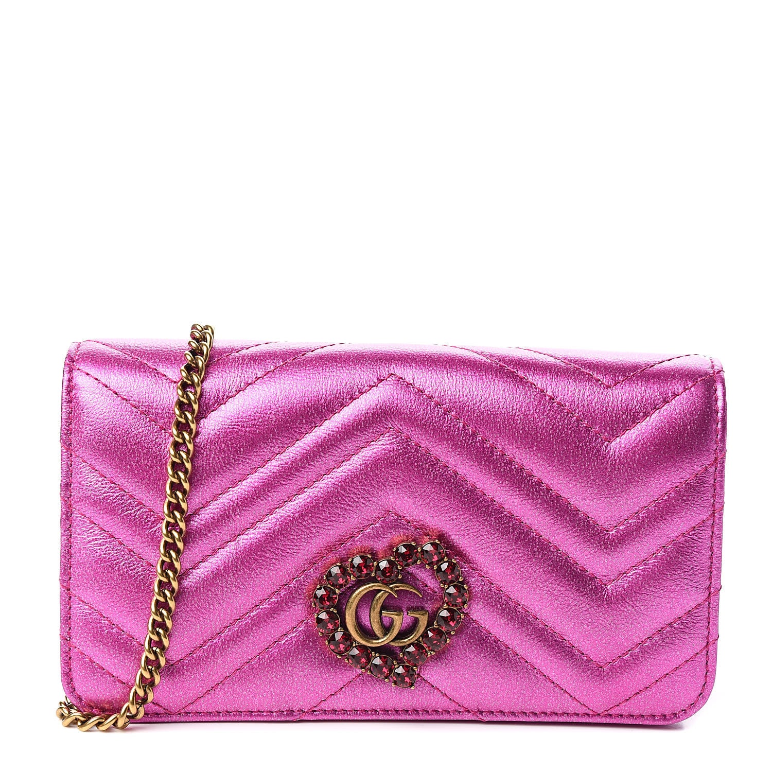 Gucci Metallic Calfskin Matelasse Crystal GG Marmont Mini Bag Fuchsia 1 of 9