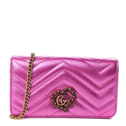 Gucci Metallic Calfskin Matelasse Crystal GG Marmont Mini Bag Fuchsia 1 of 9