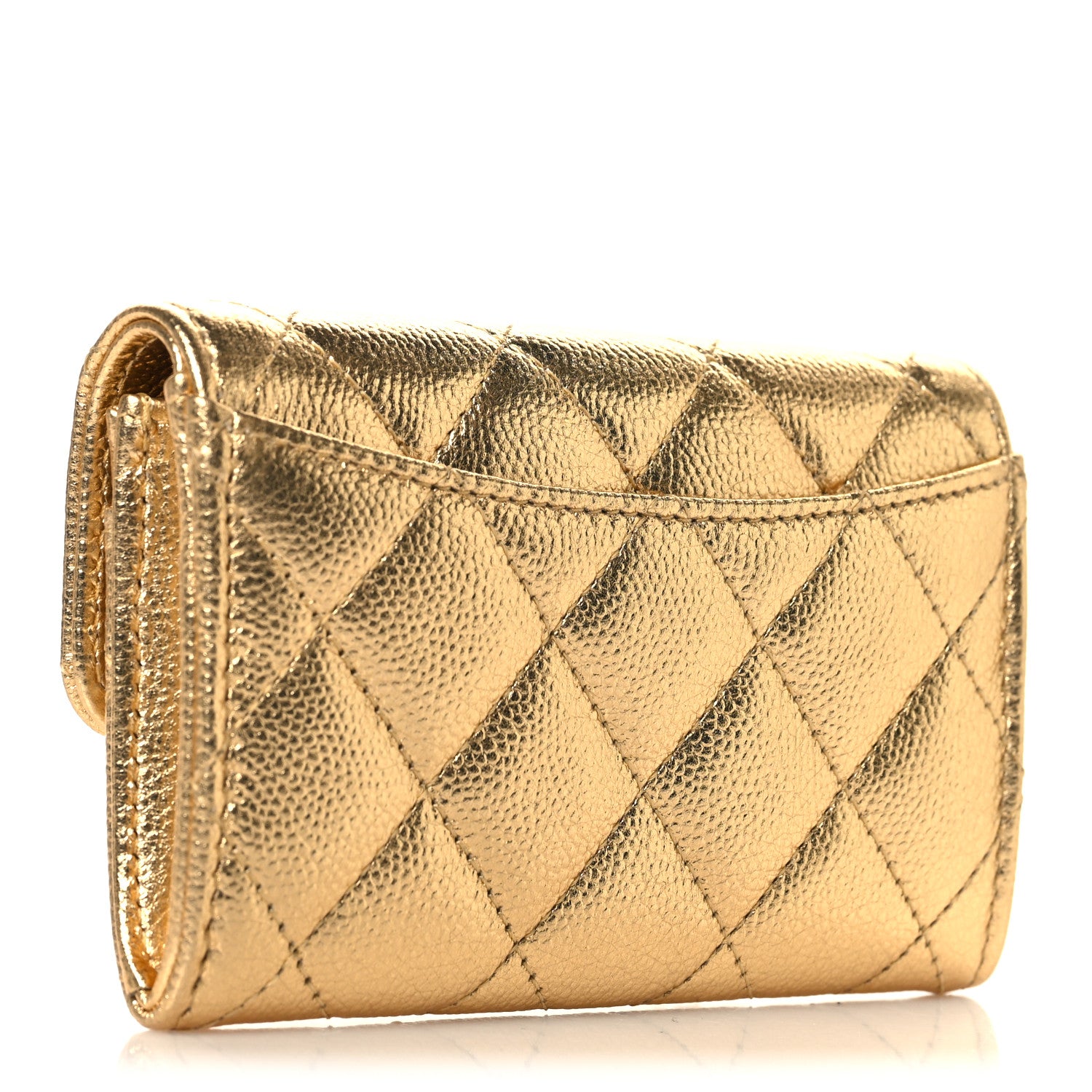 Chanel Metallic Caviar Quilted Flap Card Holder Wallet Gold