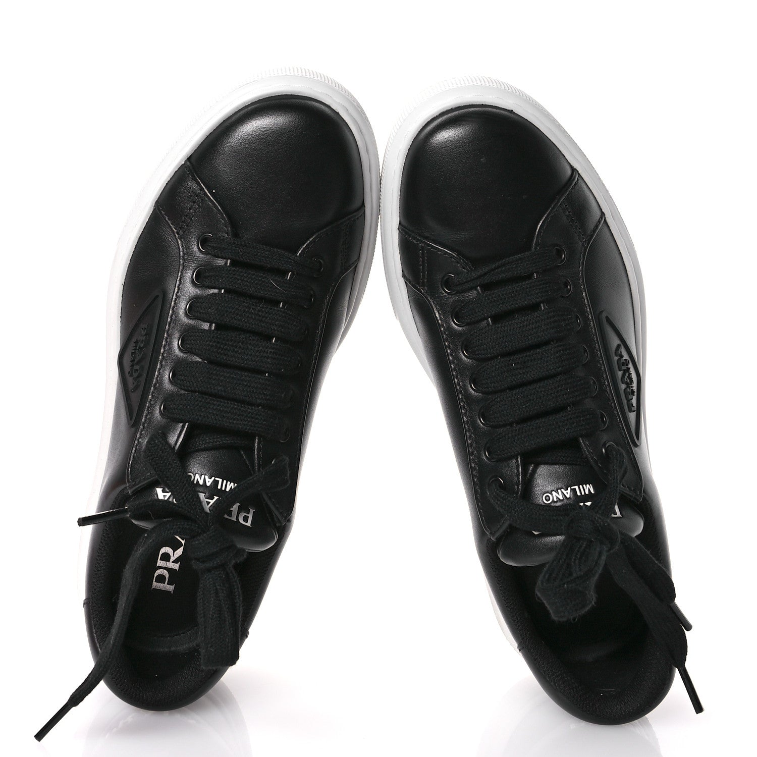 Prada Vitello Soft Logo Mens Low Top Sneakers 6.5 Black White 2 of 8