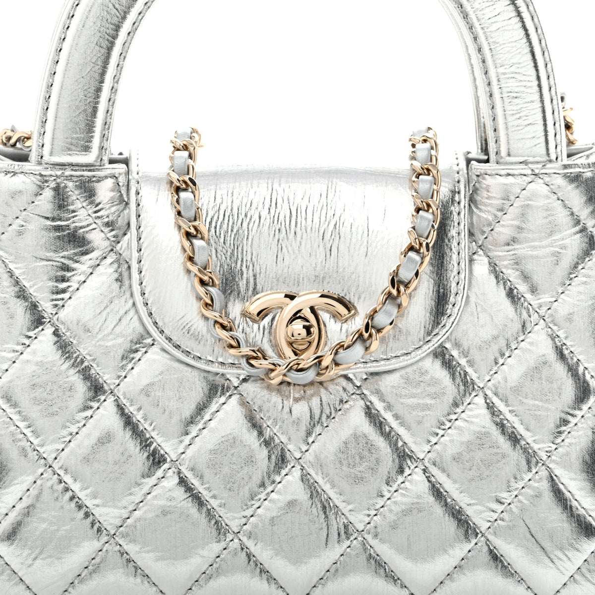 Metallic Aged Calfskin Quilted Nano Kelly Shopper Silvery