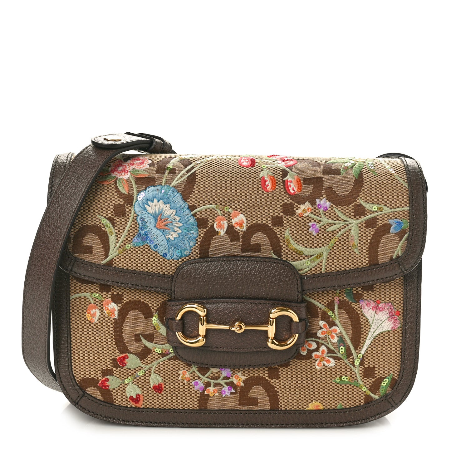 Monogram Jumbo GG Textured Dollar Calfskin Embroidered Horsebit 1955 Shoulder Bag Camel Ebony New Acero Multicolor