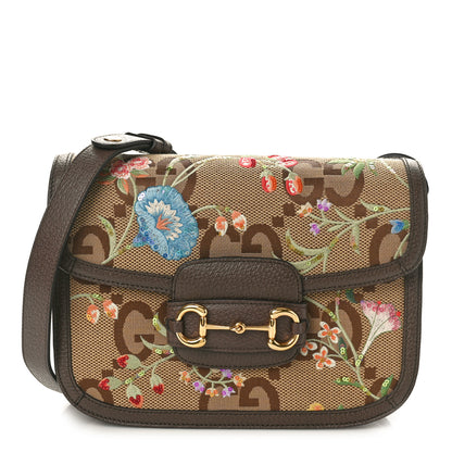Gucci Monogram Jumbo GG Textured Dollar Calfskin Embroidered Horsebit 1955 Shoulder Bag Camel Ebony New Acero Multicolor 1 of 10