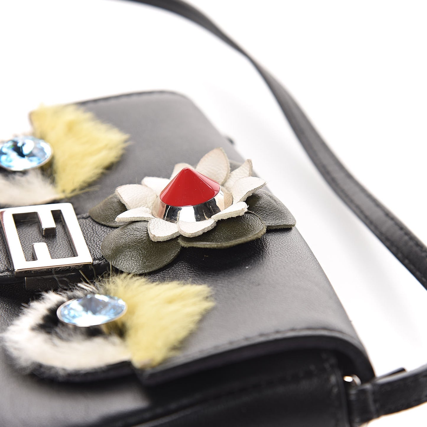 Shiny Nappa Rabbit Fur Crystal Flowerland Micro Buggie Baguette Black Mojito Multicolor