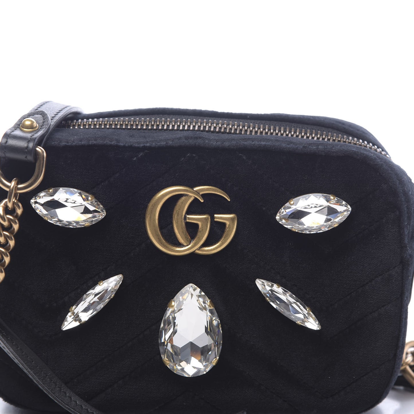Velvet Matelasse Marquise Crystals Mini GG Marmont Chain Shoulder Bag Black