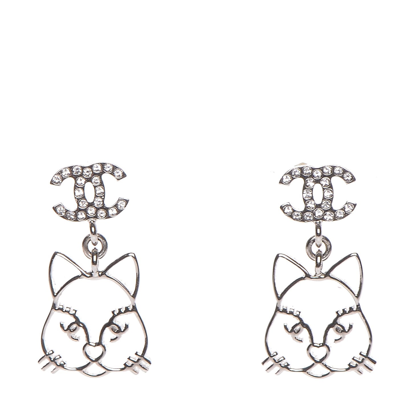 Crystal Emoji Choupette Cat CC Earrings Silver