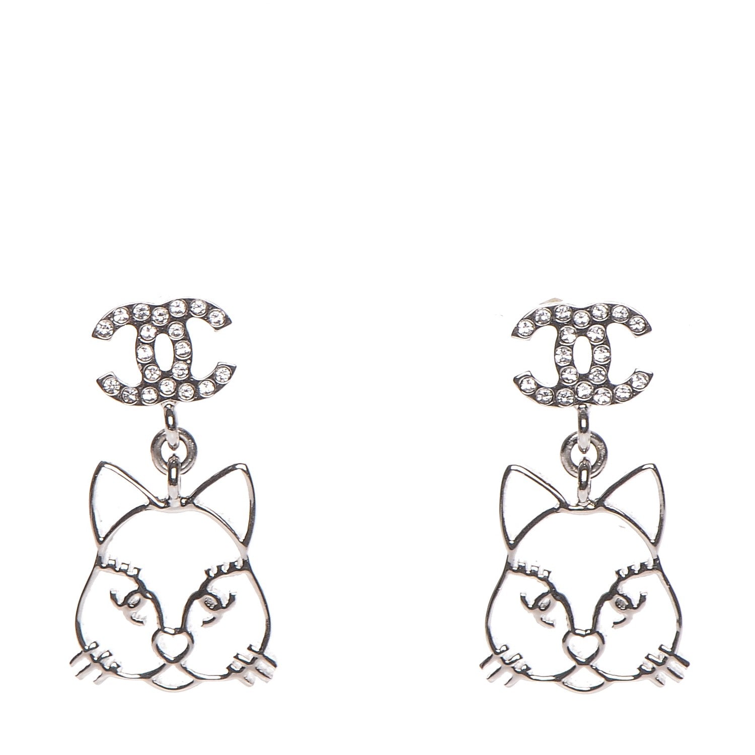 Chanel Crystal Emoji Choupette Cat CC Earrings Silver 1 of 4
